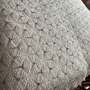 Vintage crochet off white bedspread popcorn stitching and fringe 89" L X 75" W